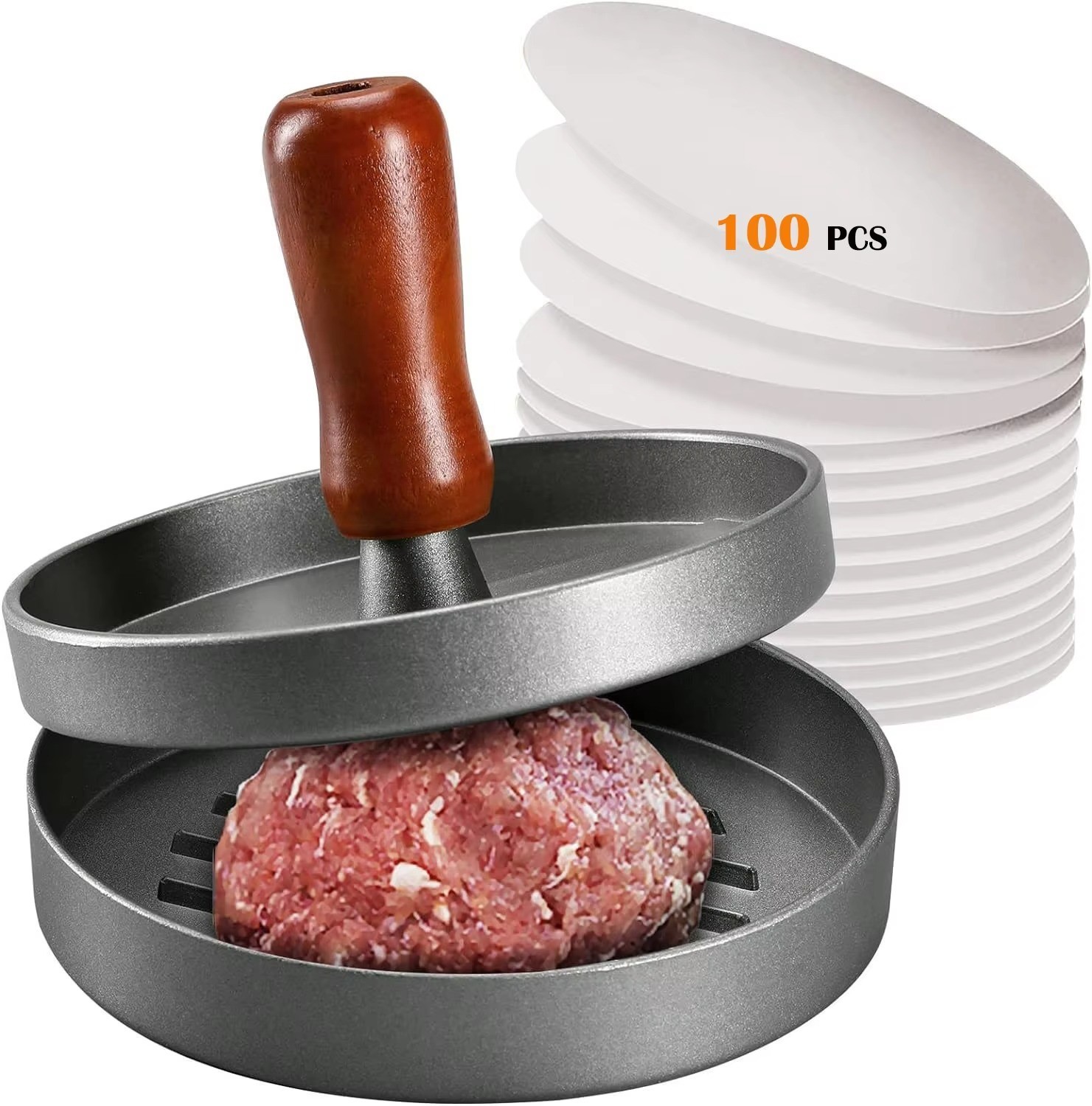 Stainless Steel Burger Press – Patty Maker with Wood Handle & 100 Papers gallery