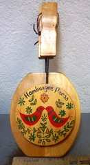 Vintage Wood Hamburger Press handpainted red birds, wood & metal handle, 13 inch