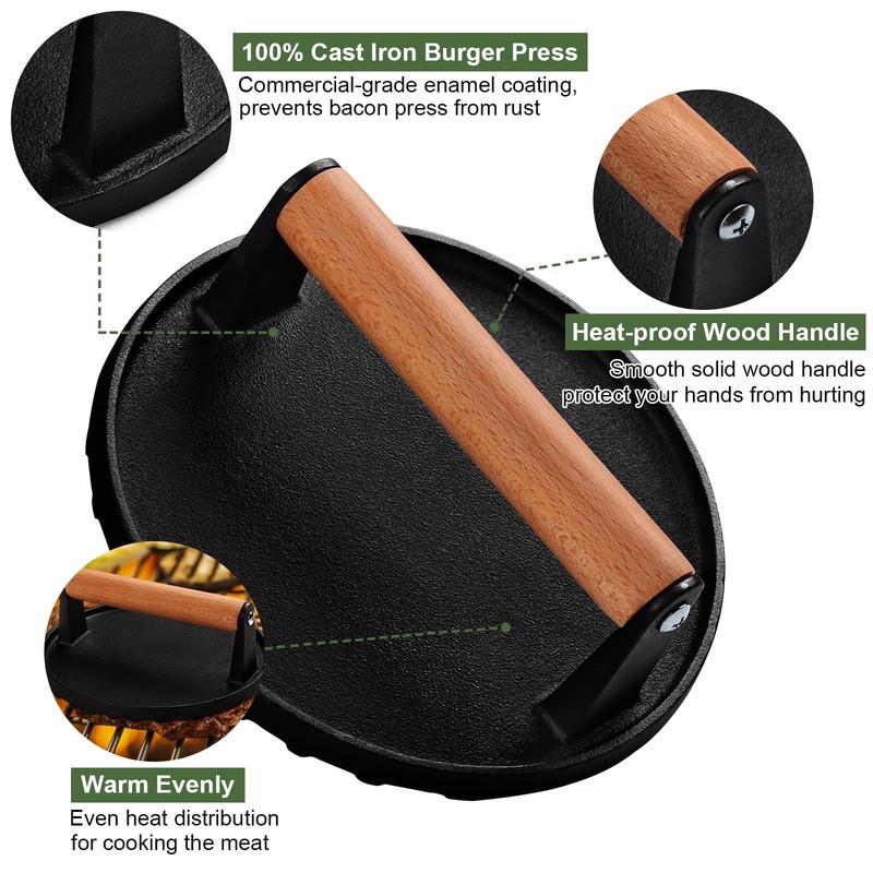EWFEN Burger Press, 7" Round Heavy-Duty Cast Iron Round, gallery