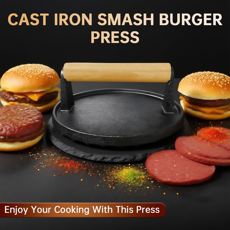 Smash Burger Press 6.9"Round 2.2 lb Heavy-Duty Cast Iron Hamburger Smasher Tool gallery