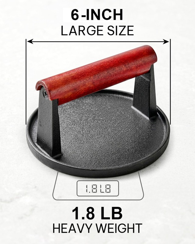 6 Inch Cast Iron Smash Burger Press Extended Wood Handle Round Flat Edge Grill gallery