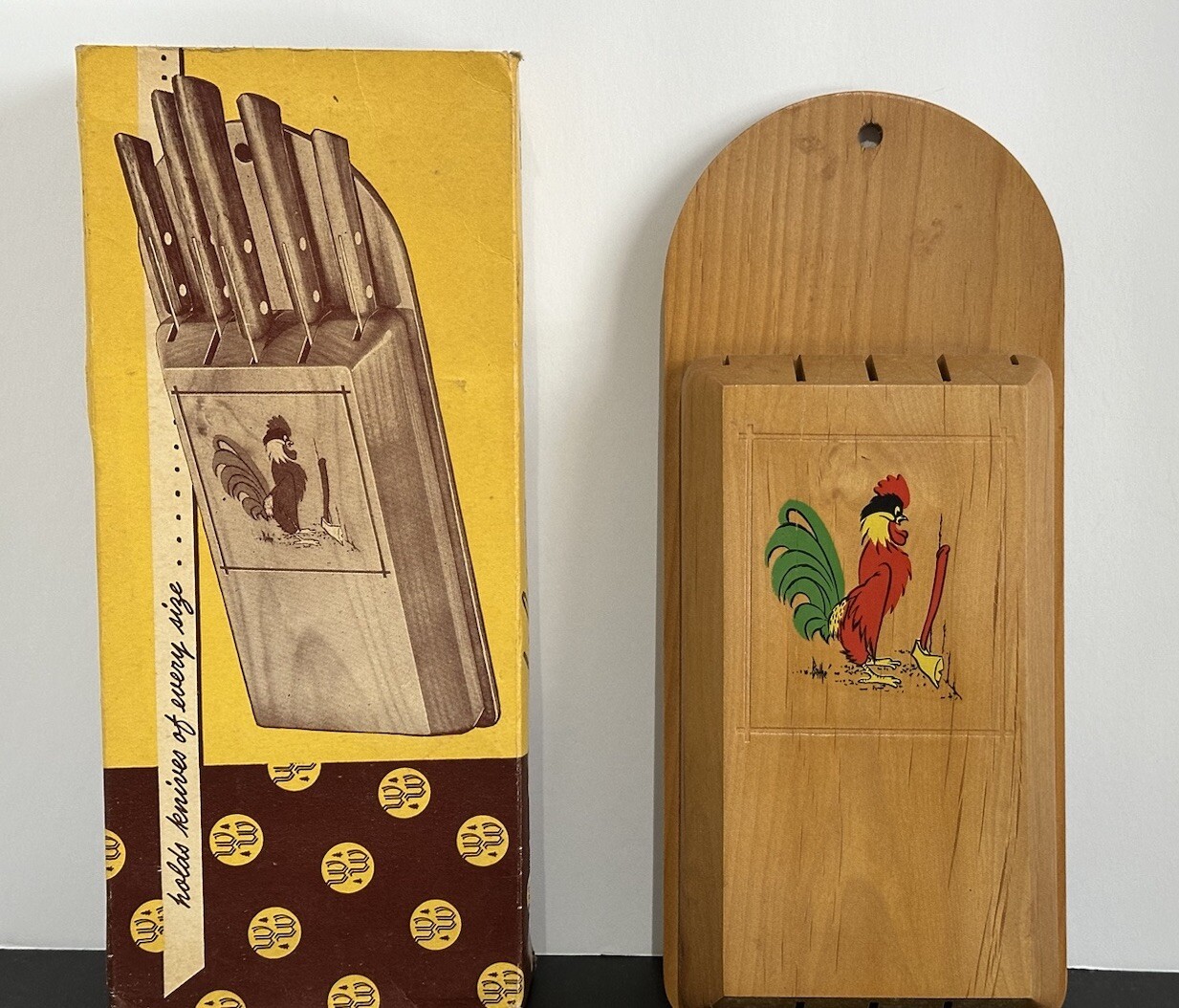 Vintage MCM Western Woods Hand Painted Wooden Wood Knife Holder , with ROOSTER gallery