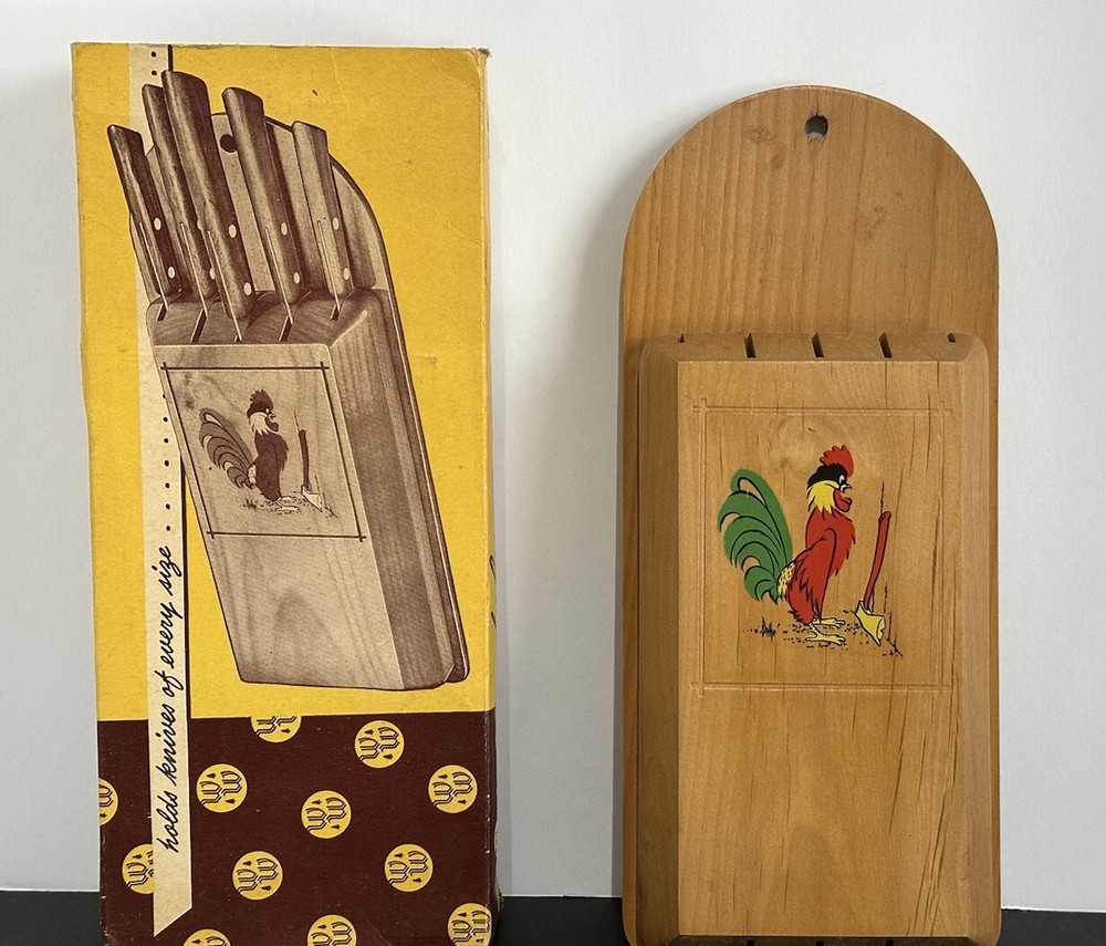 Vintage MCM Western Woods Hand Painted Wooden Wood Knife Holder , with ROOSTER