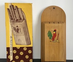 Vintage MCM Western Woods Hand Painted Wooden Wood Knife Holder , with ROOSTER