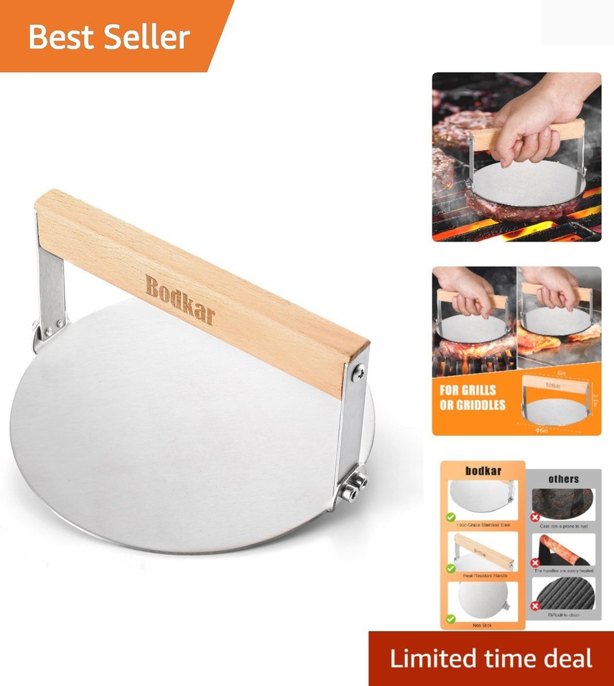 Smash Burger Press 6 Inch Round Stainless Steel Burger Smasher with Wood Hand...
