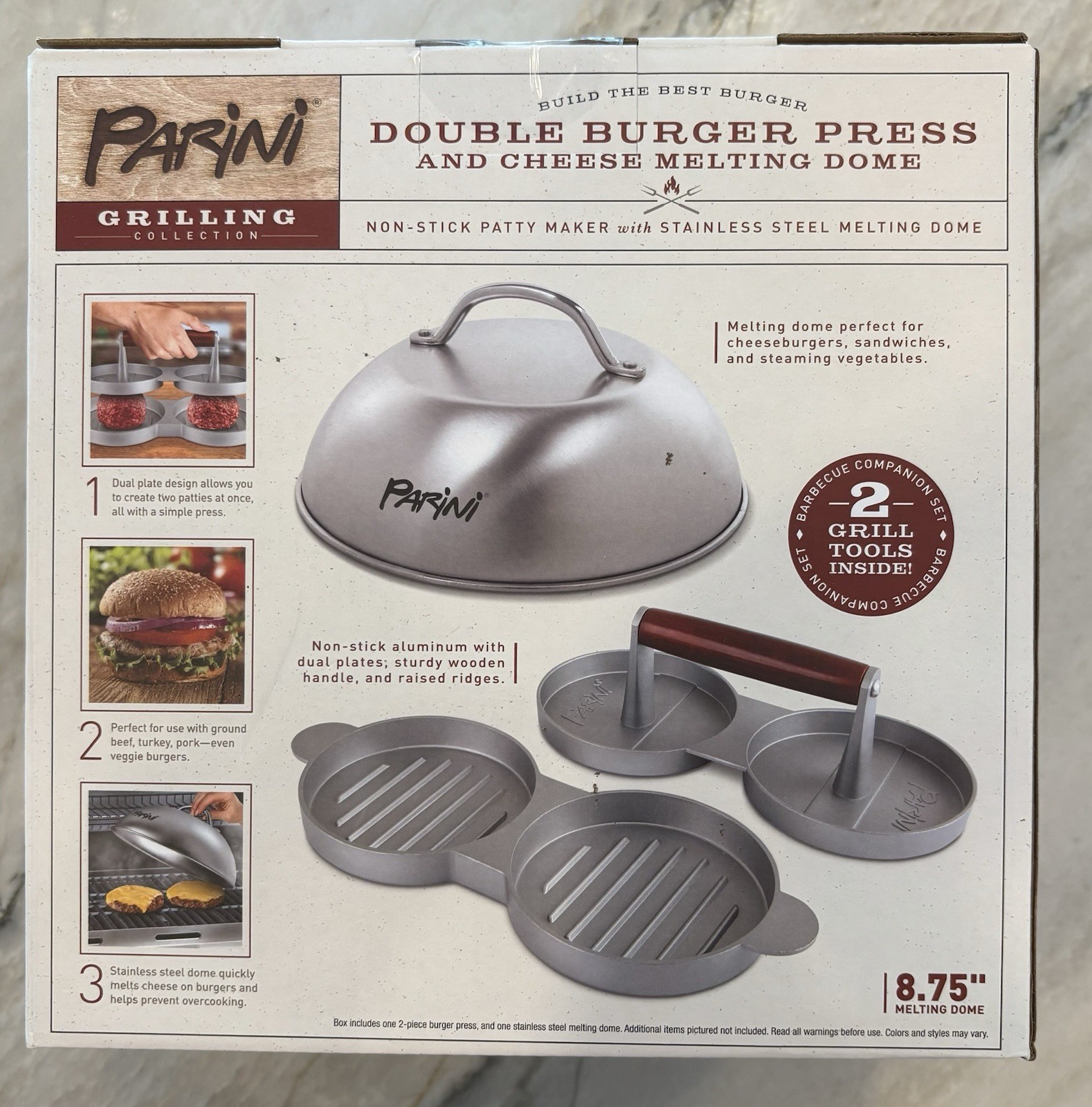 Parini Double Burger Press and Cheese Melting Dome-New in Box gallery