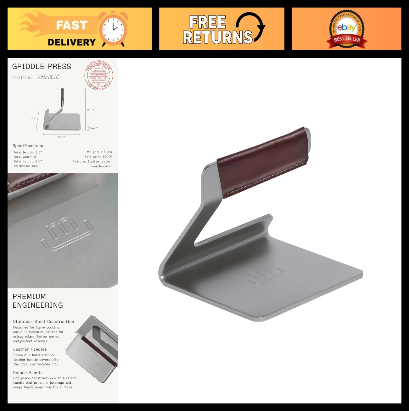 Stainless Steel Grill Press with Removable Leather Handle - Heavy Duty Cooking T gallery