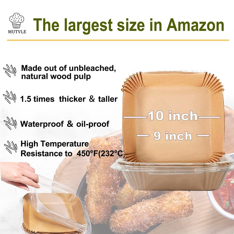 10 Inch Largest Square Air Fryer Disposable Paper Liner, 10''Square, Brown gallery