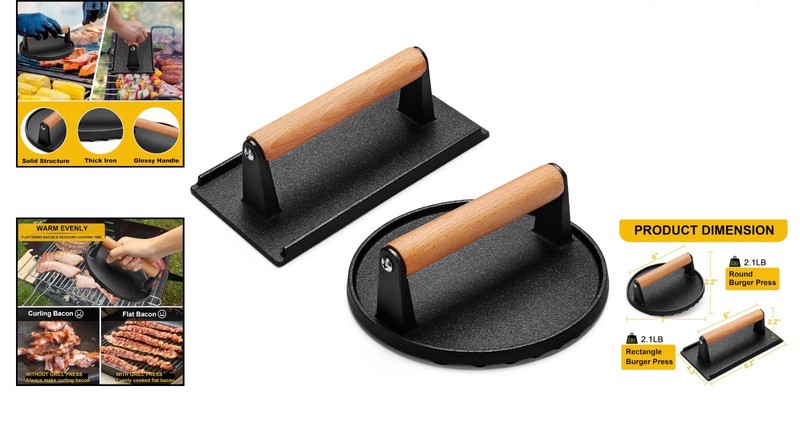 Cast Iron Grill Press for Blackstone Griddle, Round and Rectangular, Wooden H... gallery
