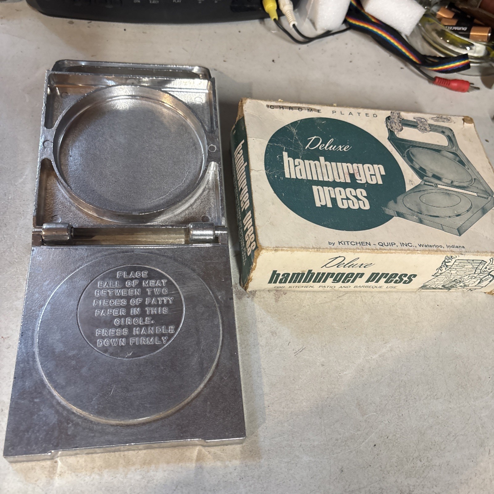 Kitchen-Quip Deluxe Vintage Chrome Plated Hamburger Press in Box - Read gallery
