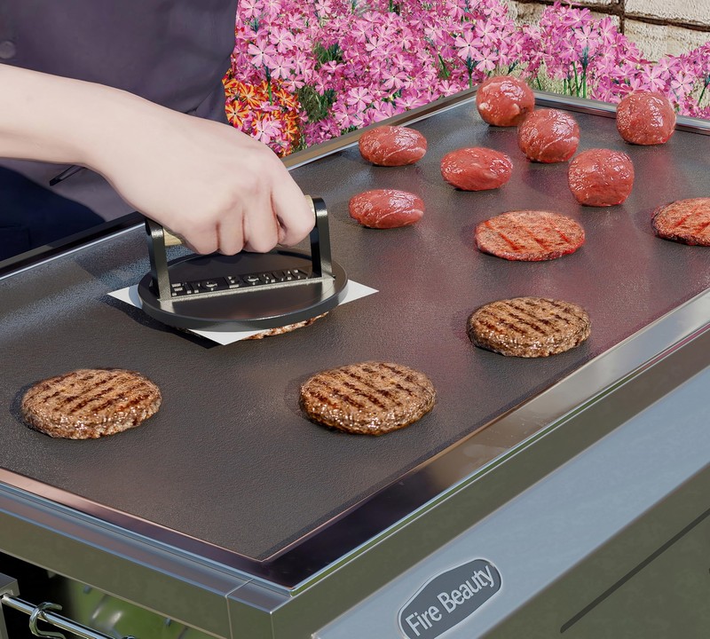 6.5" Cast Iron Grill Press Enamel Surface Burger Smasher with Wood Handle gallery