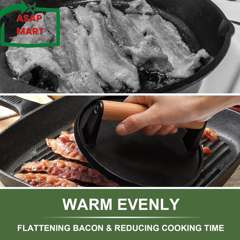 EWFEN Burger Press, 7" round Heavy-Duty Cast Iron Smash Bacon Press Meat Steak w gallery