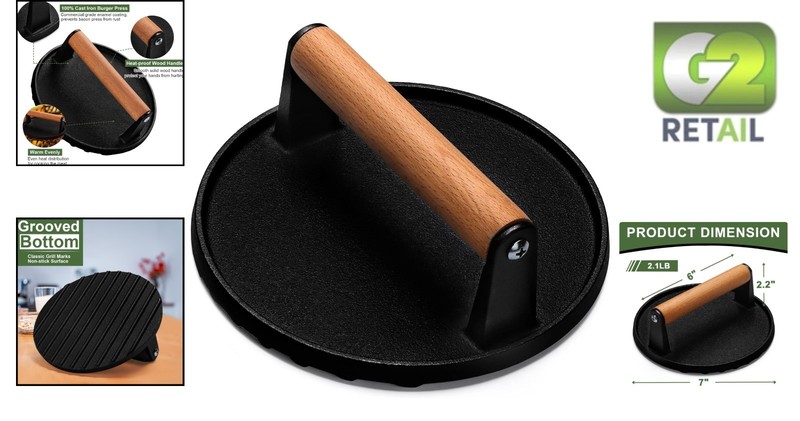 7” Heavy-Duty Grill Press with Safe Wood Handle - Ideal for Any Cooking Surface gallery
