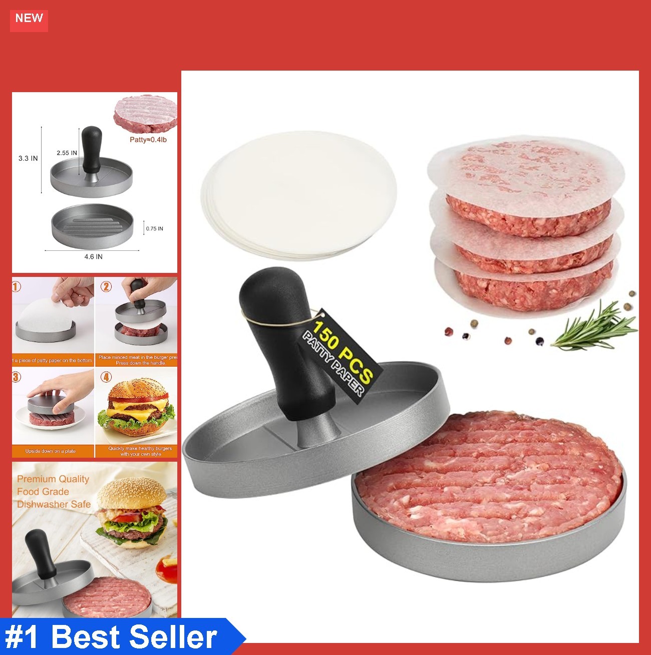 Burger Press Hamburger Patty Maker with 150 Wax Paper Non-Stick Aluminum for gallery