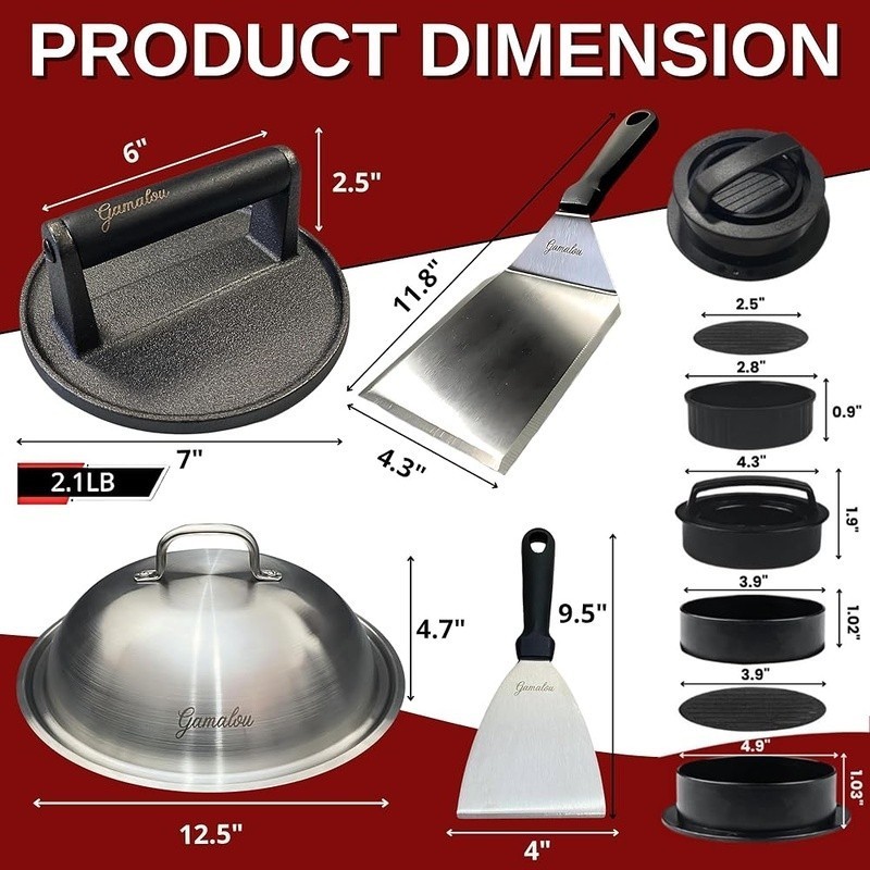 Grill Accessories Set Cast Iron Press Melting Dome Burger Press Spatula Scraper gallery