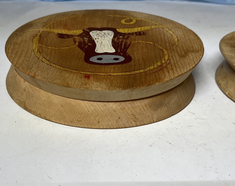 Fred Roberts Co Wood Hinged Hamburger Press Steer Longhorn And Rooster Vintage gallery