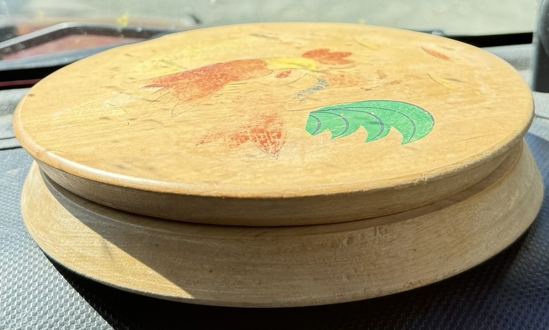 Wooden Hinged Round Hamburger / Patty Press Painted Roosters Vintage Japan gallery