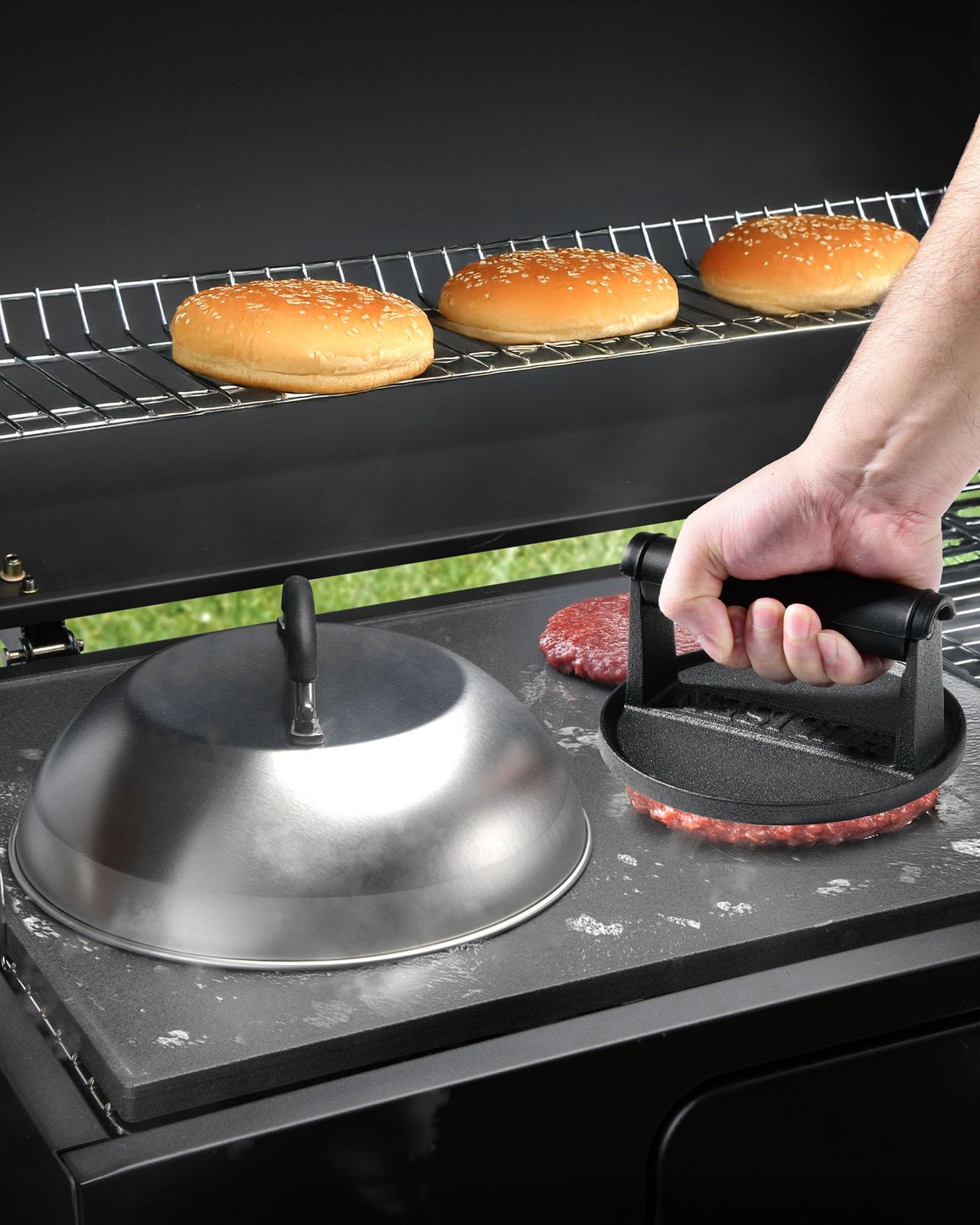 HULISEN PreSeasoned Cast Iron Burger Press & 9 Inch Cheese Melting Dome, 2.3l... gallery