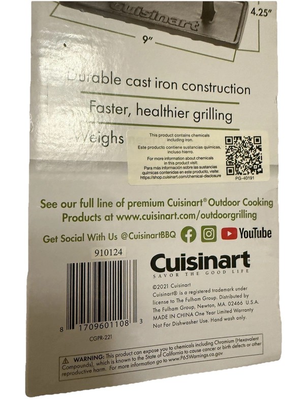 Cuisinart 9” Cast Iron Grill Press Nonstick Wooden Handle NEW gallery