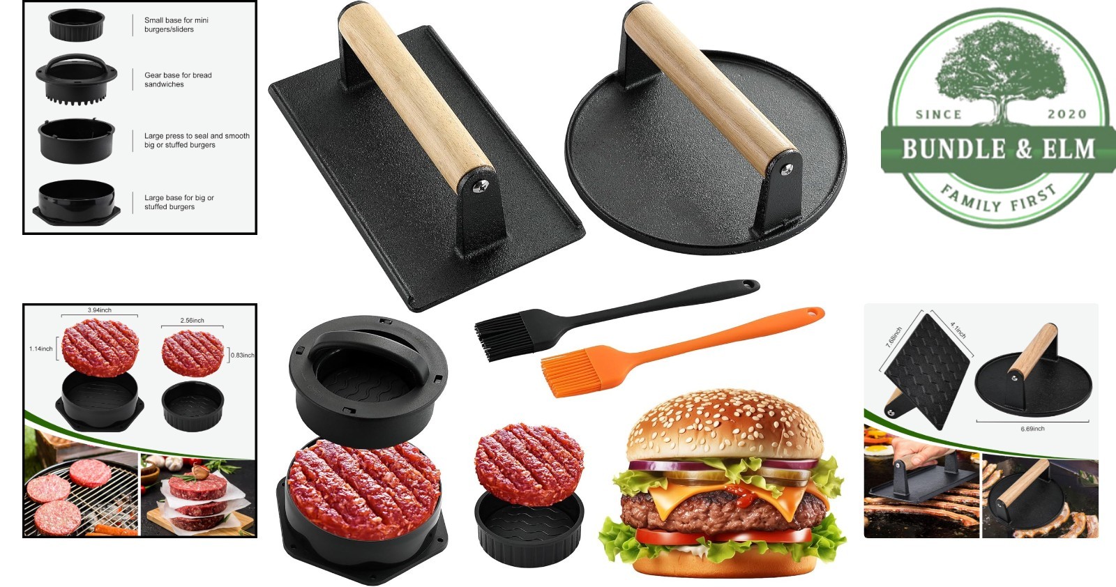 4-in-1 Stuffed Burger Mold with Nonstick Cast Iron Presses and Basting Brushes gallery