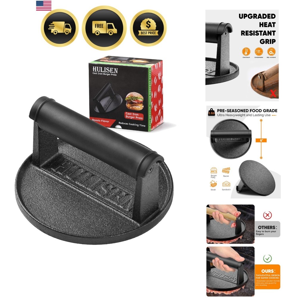 Cast Iron Burger Press 6 Inch Heavy Duty Grill Smasher for Patties Bacon
