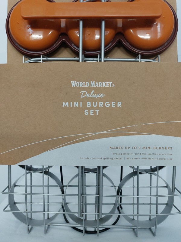 World Market Mini Burger Slider Set Press Basket Bun Cutter Grilling Kit NEW gallery