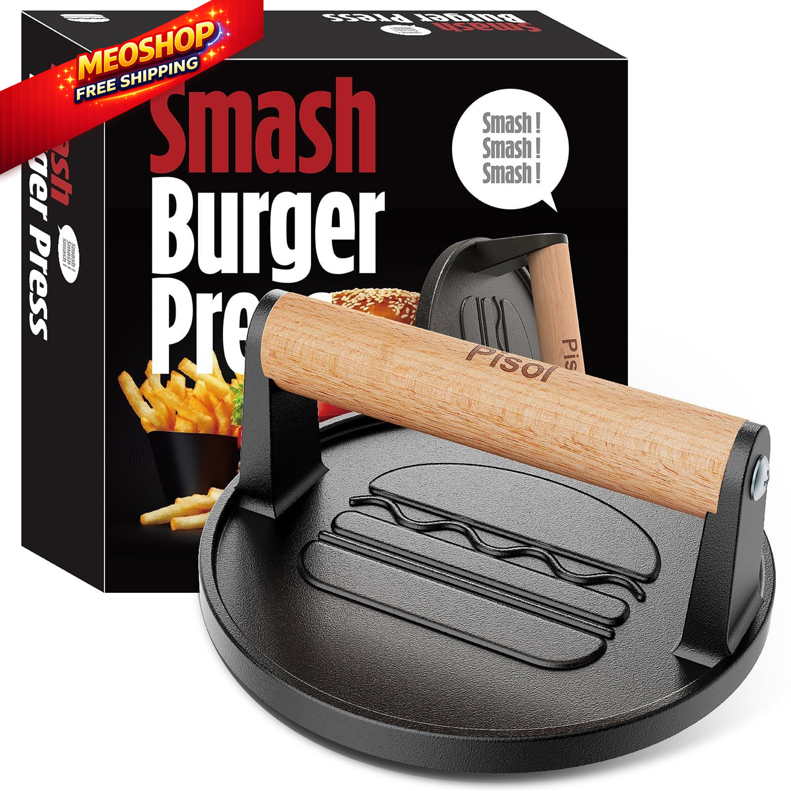 Pisol Smash Burger Press, Pre-Seasoned Cast Iron Hamburger Smasher, 2 Round gallery