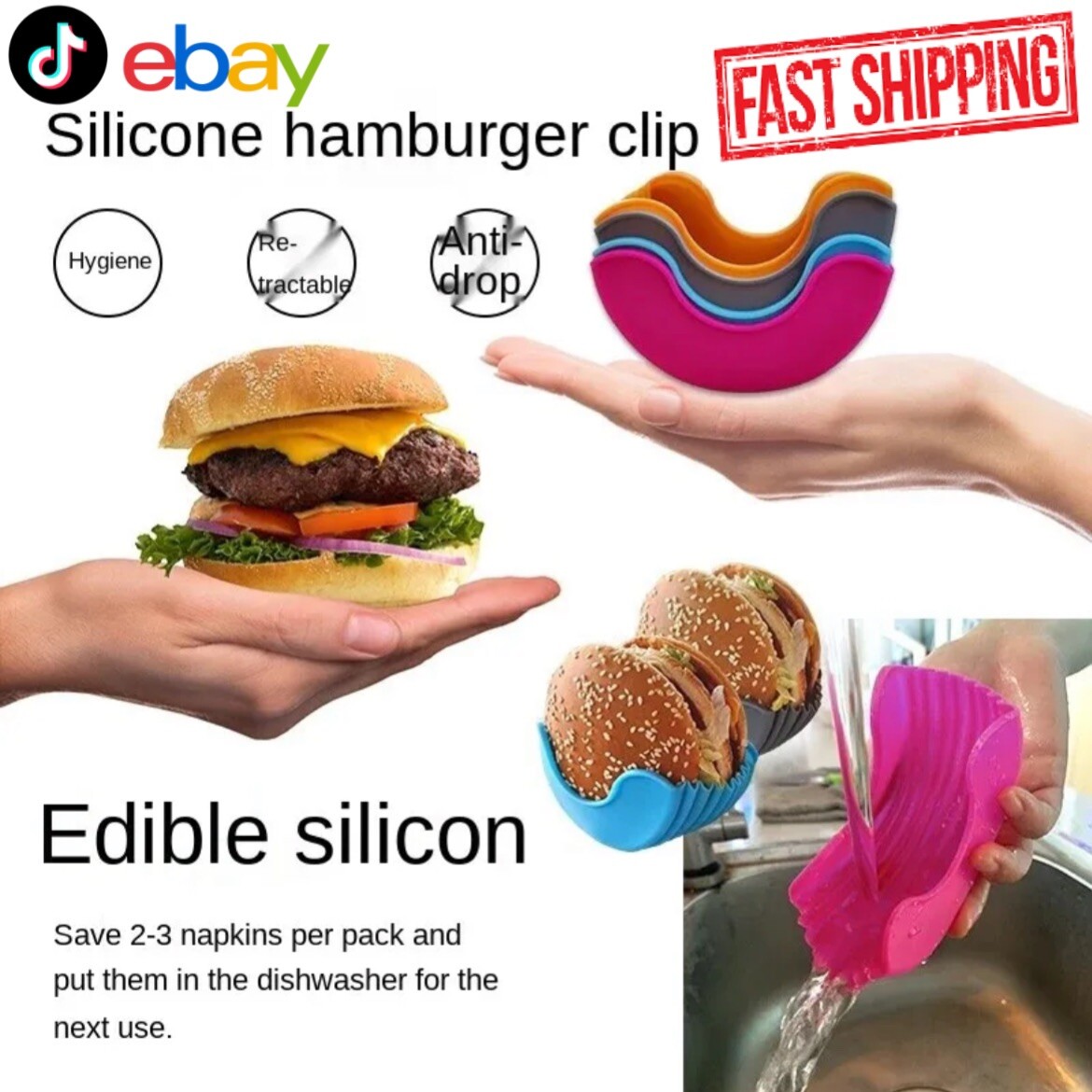 4Pc Hamburger Holder To Eat Mess Free Silicone Dish Washer Safe Holder gallery
