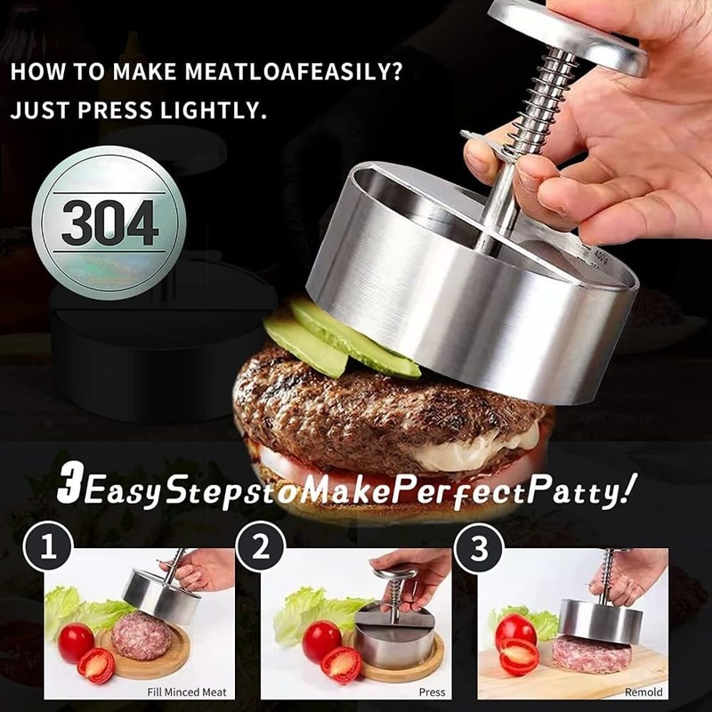 304 Stainless Steel Hamburger Press 4.5 Inch Adjustable Patty Maker BBQ Tool gallery
