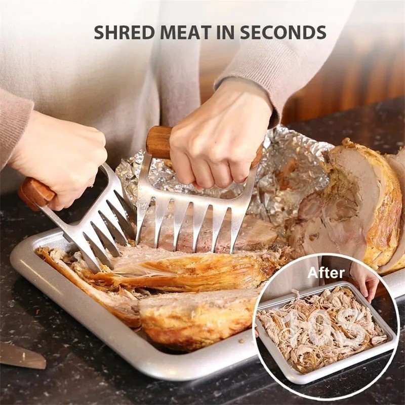 Metal Meat Shredder Claws 18/8 Stainless Steel Meat Forks Wooden Handle gallery