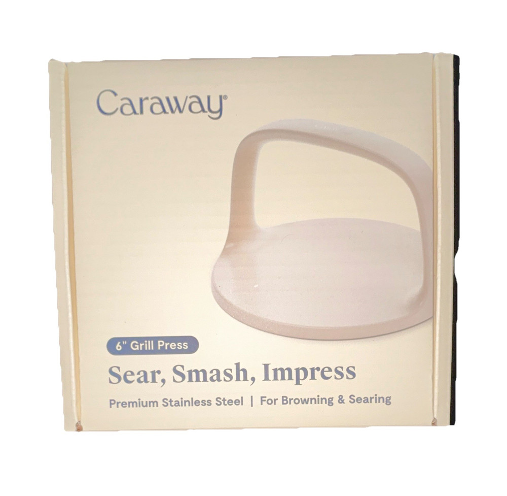 Caraway 6 in Weighted Grill Press, Corrosion-Resistant Stainless Steel, White