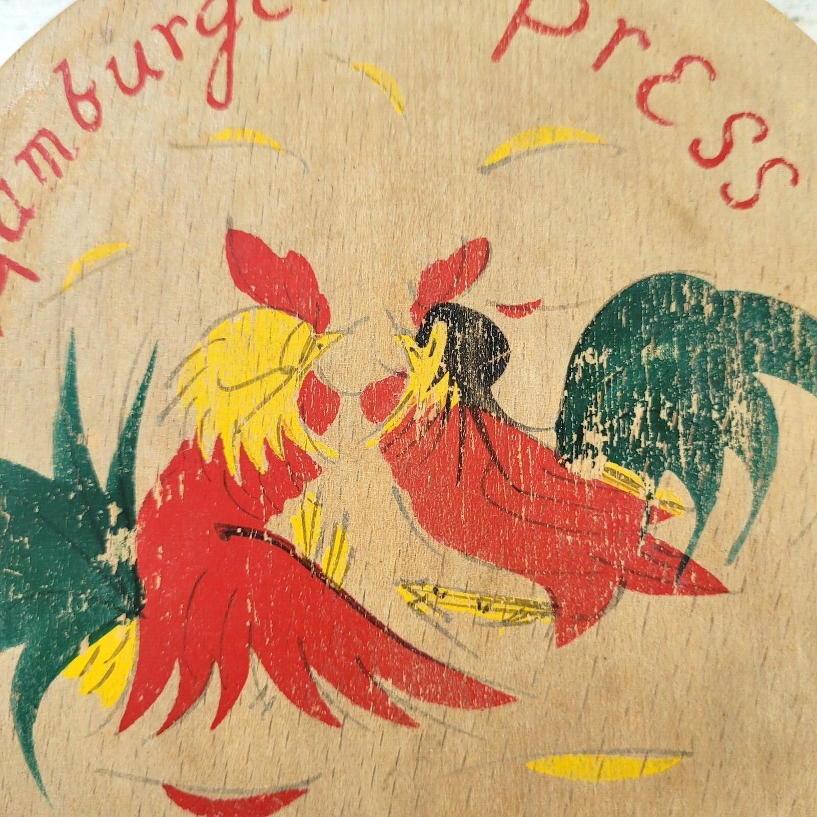Wood Hinged Hamburger Press Hand Painted Fighting Roosters Vintage Japan 1950s gallery