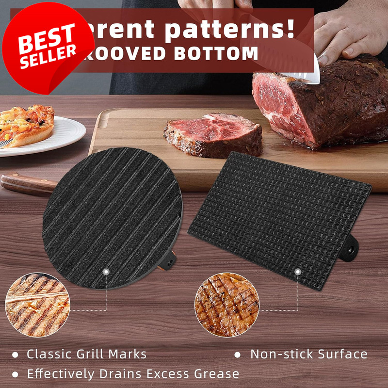 Cast Iron Burger Press Set Round Rectangle Steak Weight Wood Handle Griddle - US gallery