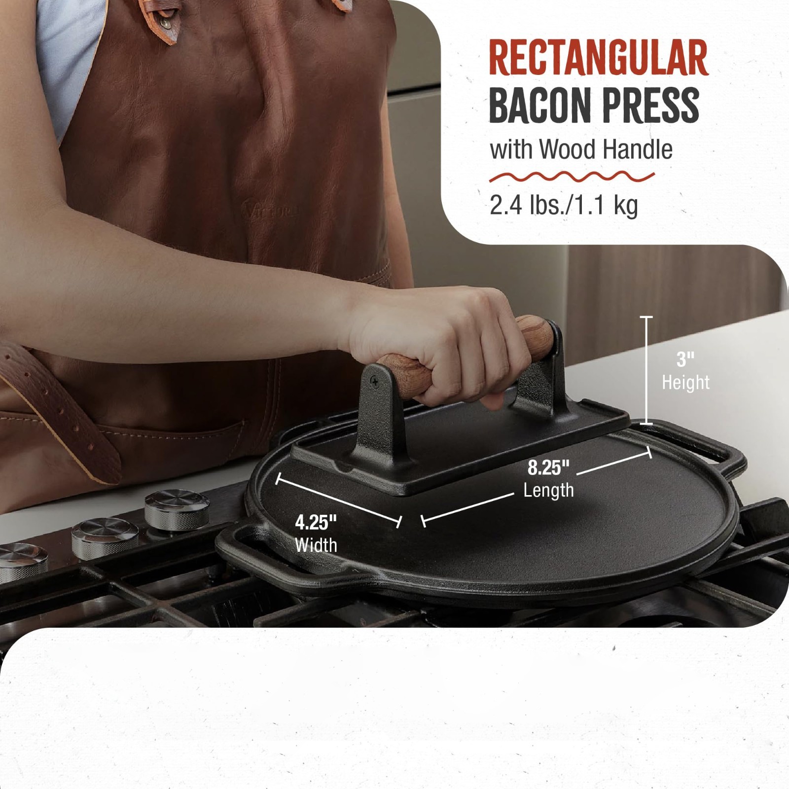 Heavy Duty Cast Iron Grill Press, Panini Burger Bacon, Flaxseed Oil Seasoned gallery