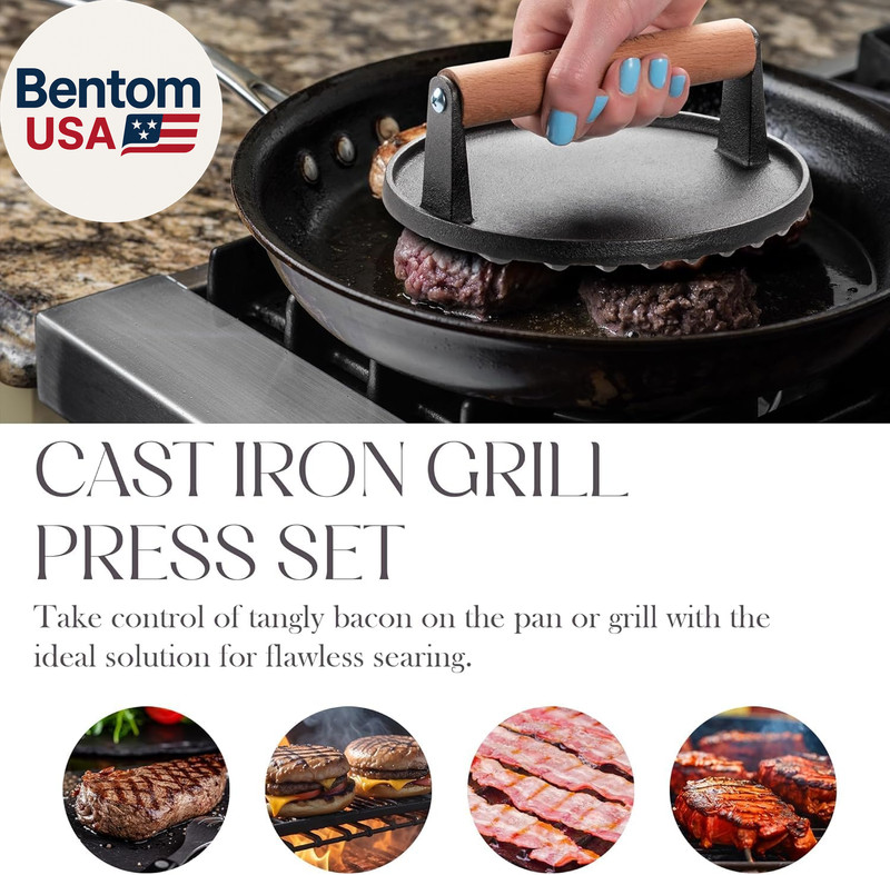 Heavy-Duty Cast Iron Grill Press Set – Perfect Smash Burger Press & Steak Tool w gallery