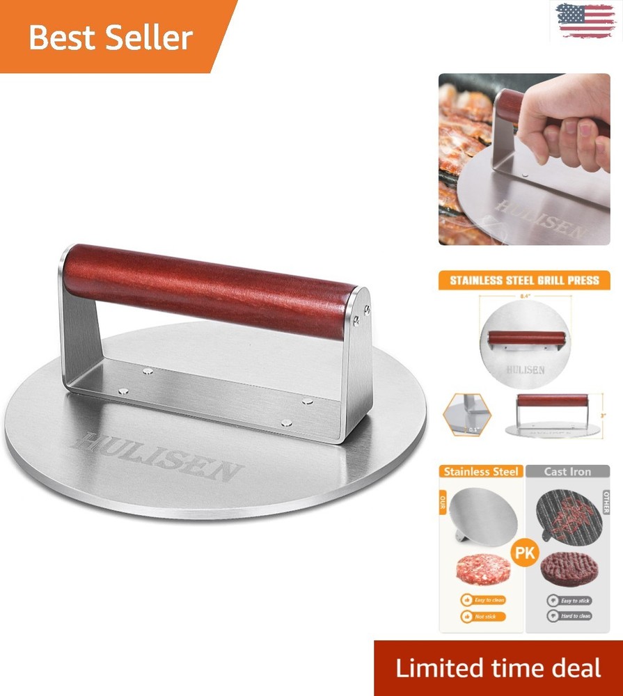 Stainless Steel Smashed Burger Press with Wooden Handle for Effortless Cooking