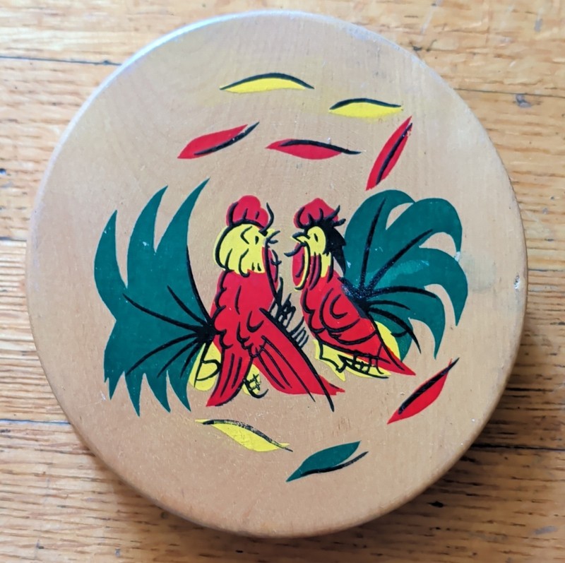 Wooden Hamburger Press Decorative Rooster Design Brown Red Black Yellow Medium gallery
