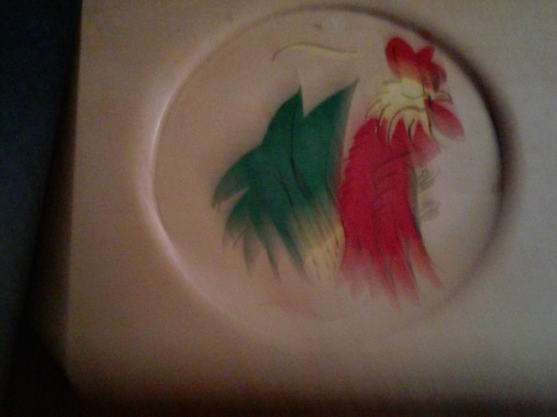 Vintage Double Wood Hamburger Press with Hand Painted Rooster Design   gallery