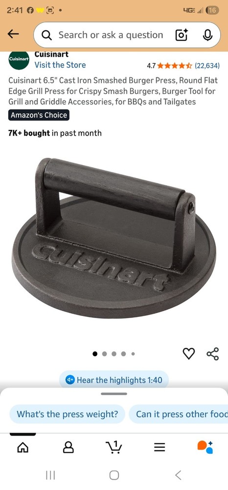 Cuisinart 6.5" Cast Iron Non-Stick Burger Press, Black, Medium, Round