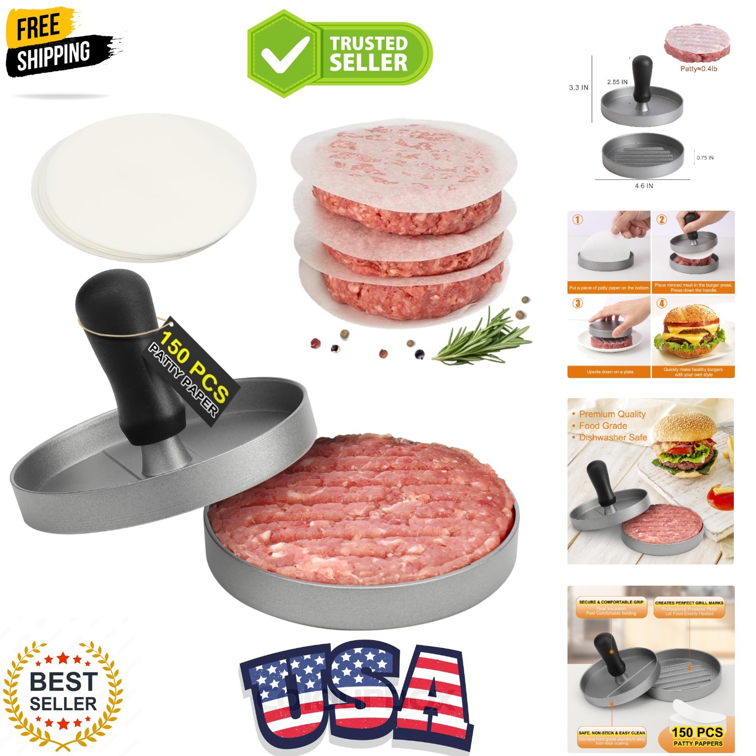 Burger Press 150 Patty Papers, Non-Stick Hamburger Patty Maker with Wax Paper... gallery