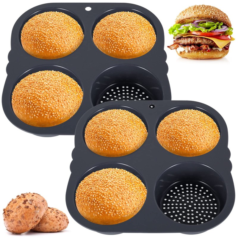 2Pcs Silicone Hamburger Bun Mold with 4 Cavities,Non-stick Hamburger Bun Pan ... gallery