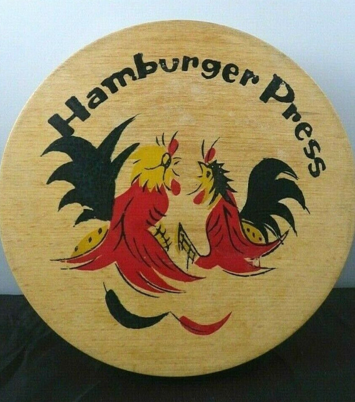 Rooster Chicken Hamburger Burger Press Wooden Fighting Hand Painted Vintage gallery