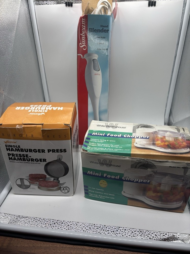 Lot Of Kitchen Equipment Chopper, Hamburger Press, Mixer
