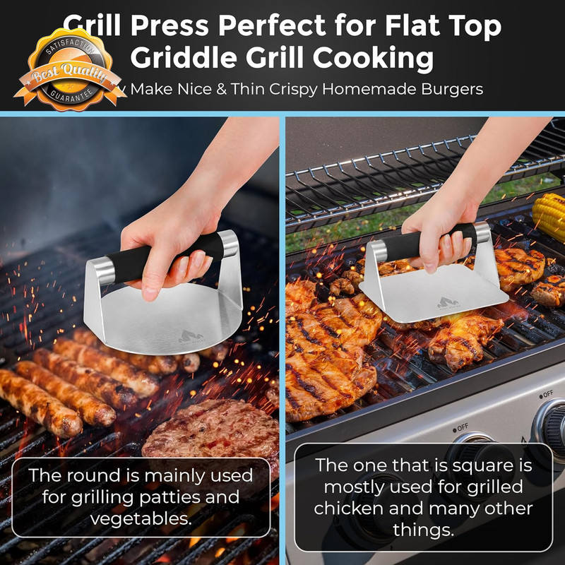 Smash Burger Press Pack of 2–Round and Square Meat Masher with Silicone Handles gallery