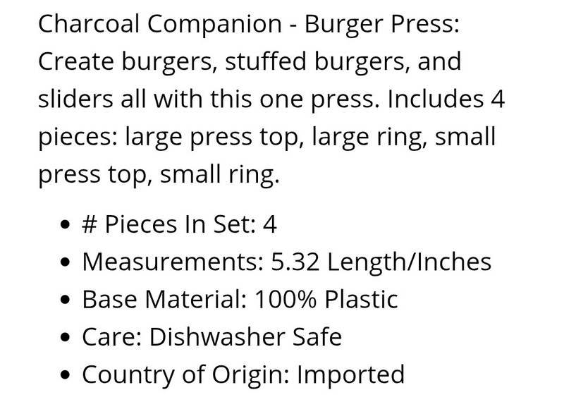 Atlanta Grill Company Charcoal Companion 3-in-1 Burger Press (1B2) 4.4X5.3X1.6 gallery