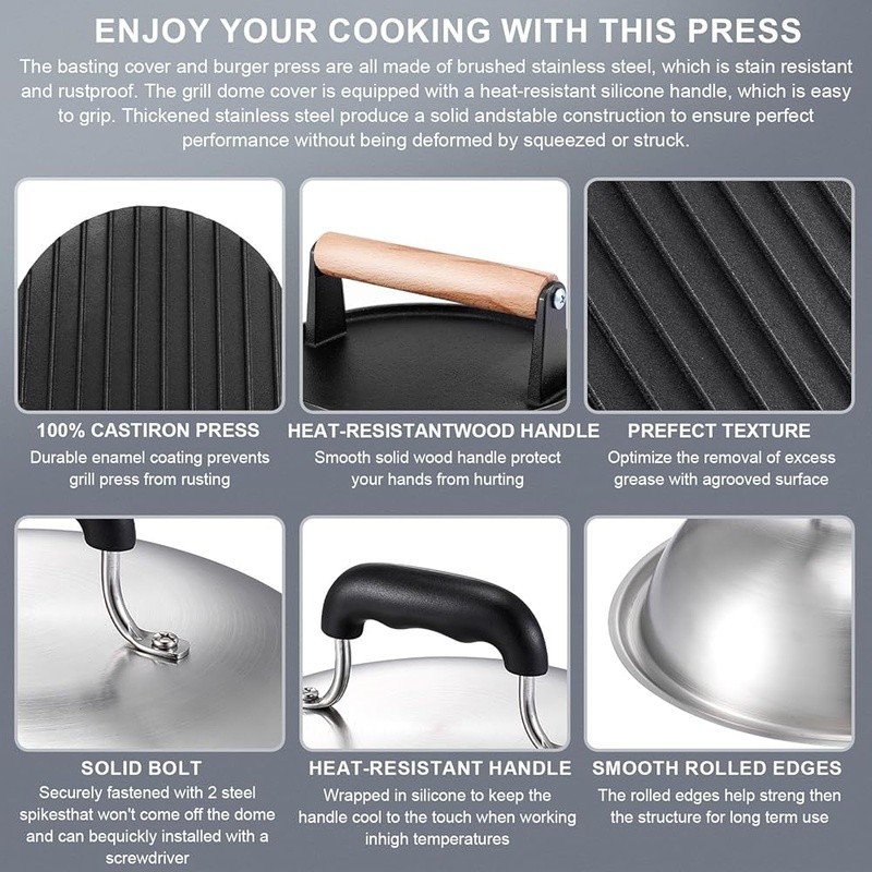 7 Inch Cast Iron Burger Press W/ 12.5 Inch Stainless Steel Melting Dome Set New gallery