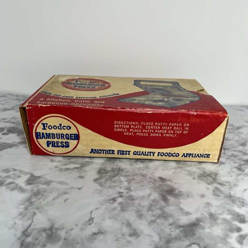 Vintage Foodco Hamburger Press Solid Die-Cast Lifetime Aluminum w/ Original Box gallery