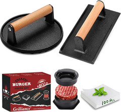 5Pcs Smash Burger Press Kit, 3 in 1 Hamburger Press Patty Maker, Cast Iron Burge