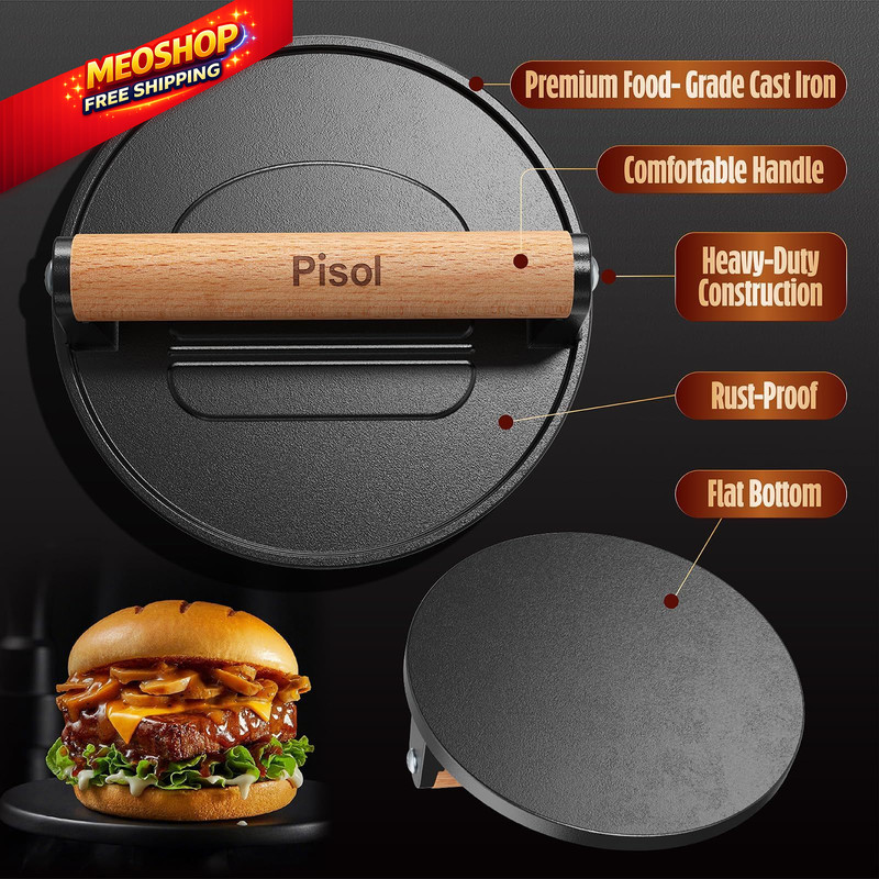 Pisol Smash Burger Press, Pre-Seasoned Cast Iron Hamburger Smasher, 2 Round gallery