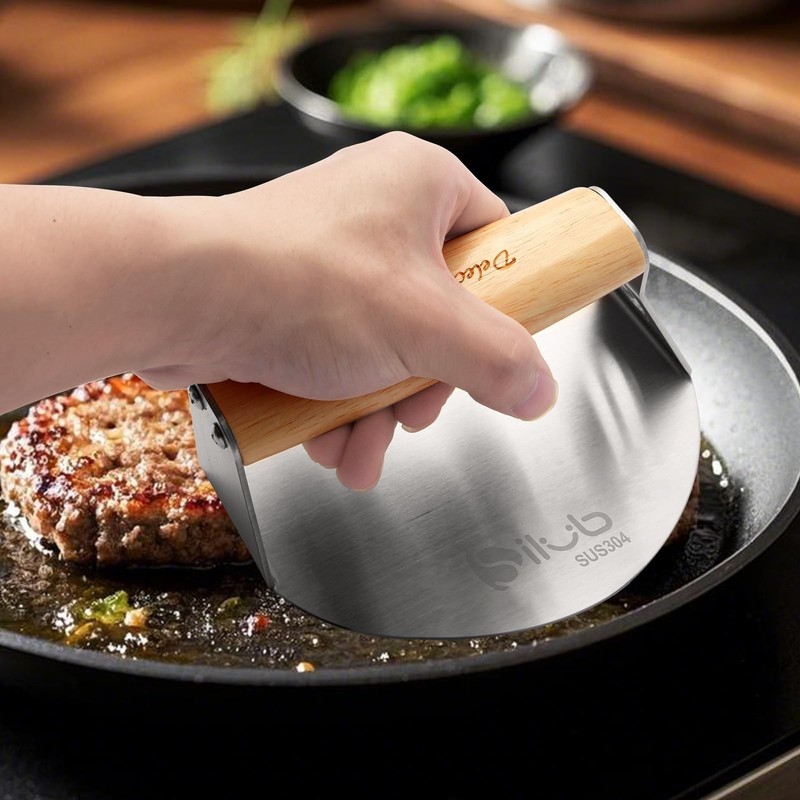 Stainless Steel Burger Press 6" - Non-Stick Hamburger Smasher with Wood Handle gallery
